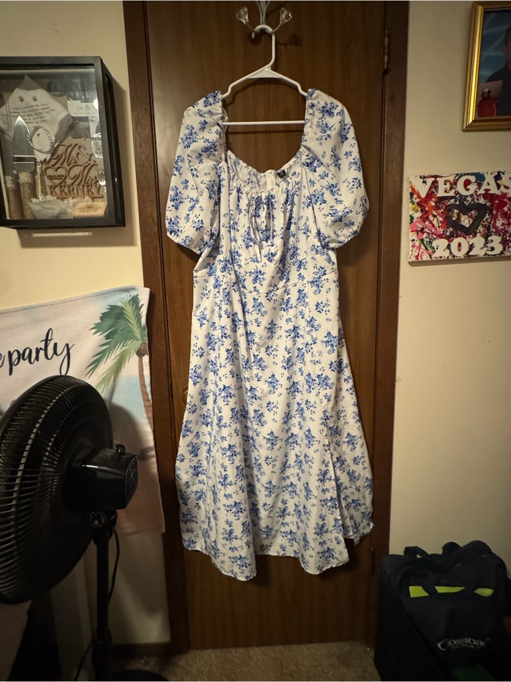 SHEIN White Midi Dress with Blue Floral Print